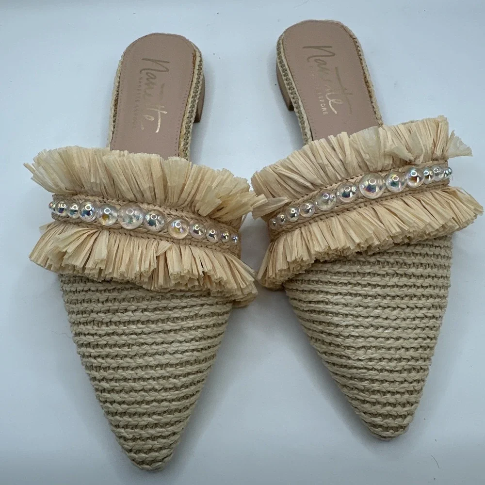 Nanette Lepore‎ Jeweled Weave Flats Women's 8 M Slip On Natural Slippers New